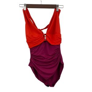 Ralph‎ Lauren Women's Size 10 Halter One Piece Swimsuit Red Purple Tummy Control